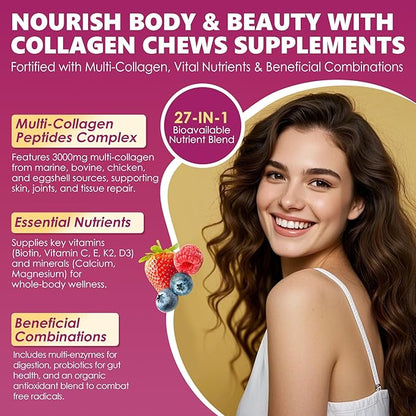 Collagen Gummies + Biotin Soft Chews 3000mg for Women & Men, Ultra Hydrolyzed Collagen Peptides Boosting Type I,II,III,V,X, Vitamin C, E, Anti-Aging Formula for Hair, Skin & Nails, Digestion,Bone,60Ct