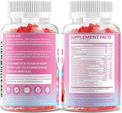 Collagen Gummies for Women & Men, Hydrolyzed Collagen Peptides (Type I, II, III, V, X) with Biotin, Hyaluronic Acid, MultiVitamins, Supports Healthy Skin, Thick Hair &Strong Nails, Sugar Free, 60Cts