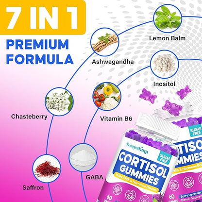 Cortisol Supplement for Women, Cortisol Reducer with Ashwagandha, Myo-Inositol, GABA & Saffron, Stress Relief, Calm, Sleep Support, Hormone Balance & PMS Support, Sugar Free Vegan Gummies, 60 Count