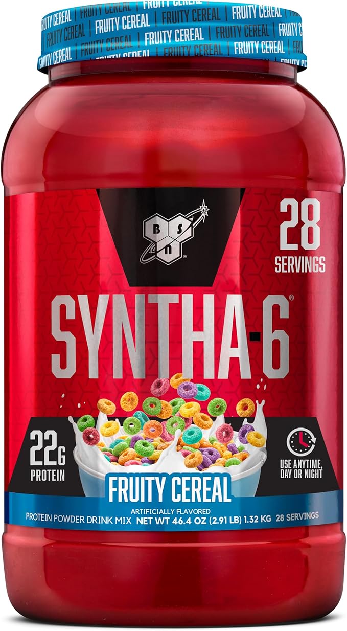 BSN SYNTHA-6 Premium Protein Powder with 6g of Fiber, Whey Isolate, Micellar Casein, Milk Protein Isolate, 5g of Fat, Fruity Cereal, 28 Servings, 2.91 Pound (Packaging May Vary)