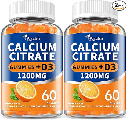 (2 Pack)Calcium Citrate 1200mg with Vitamin D3 Gummies for women & Men，Calcium Citrate Supplements for Bone & Teeth Support,High Absorption-Easy to Digest, Sugar Free,Vegan,Orange Flavor,60 Day Supply