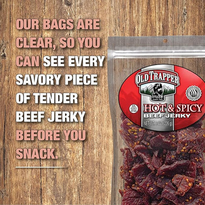 Old Trapper Beef Jerky, Hot & Spicy 8 Ounce Individual Pack, Tender and Spicy Meat Snacks for Lunches or Between Meals, 11 Grams of Protein and 70 Calories per Serving (Pack of One)