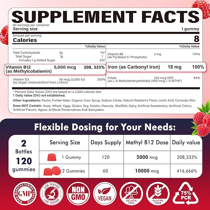 Methyl B12 Vitamins 5000mcg Gummies & Iron 18mg for Women, Men - Active Methylted B Complex Supplement w/L-Methylfolate, B6, D3 for Energy, Cognition, Focus, Immune - B12 with Iron Supplement, 2Pack