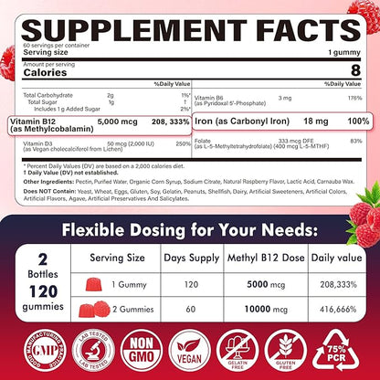 Methyl B12 Vitamins 5000mcg Gummies & Iron 18mg for Women, Men - Active Methylted B Complex Supplement w/L-Methylfolate, B6, D3 for Energy, Cognition, Focus, Immune - B12 with Iron Supplement, 2Pack