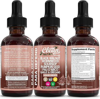 para Defend Wormwood Black Walnut Cleanse for Humans Drops Liquid Soursop Garlic Pumpkin Seed PAU D'Arco Oil of Oregano Turmeric Berberine Neem Extract Hull Bark Tincture by Clean Nutra