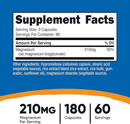 Nutricost Magnesium Glycinate Capsules (180 Capsules, 210 mg Per Serving) - Magnesium Glycinate Supplement for Gentle Absorption