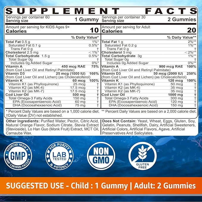 Cod Liver Oil Gummies 1000mg for Kids & Adults - w/Omega 3 (EPA & DHA), Vitamins A, D3 & K2 - Cod Liver Oil Omega 3 Gummies for Immune, Brain & Cognitive Support, SugarFree, Orange Flavor, 120Cts