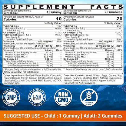 Cod Liver Oil Gummies 1000mg for Kids & Adults - w/Omega 3 (EPA & DHA), Vitamins A, D3 & K2 - Cod Liver Oil Omega 3 Gummies for Immune, Brain & Cognitive Support, SugarFree, Orange Flavor, 120Cts