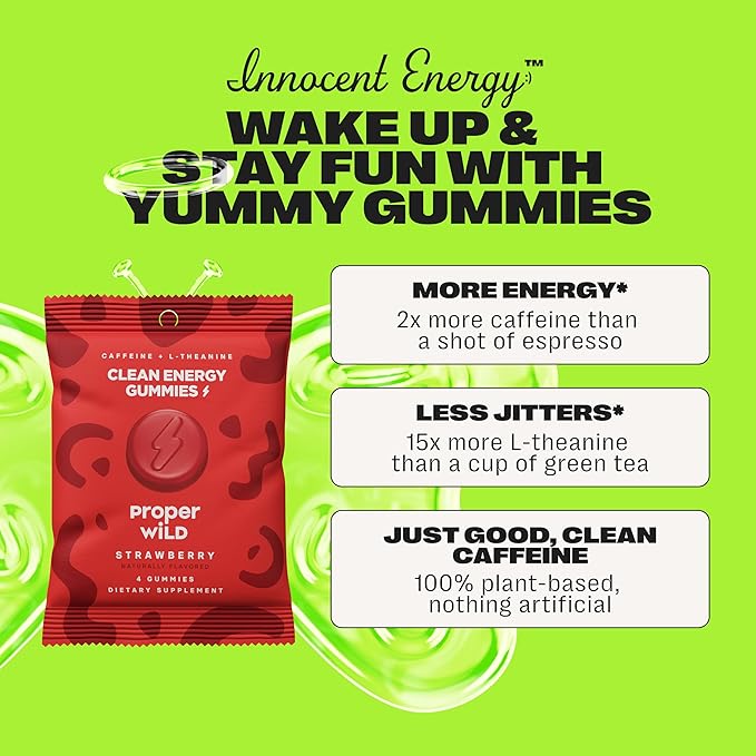 Proper Wild Energy Chews & Gummies for Focus & Clean Energy, Vegan with L-Theanine & Organic Caffeine, Plant-Based, Gluten-Free, Non-GMO, Strawberry (10-Pack)