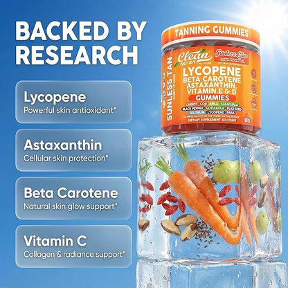 Sunless Glow Lycopene Beta Carotene Tanning Gummies Astaxanthin Vitamin C D E Flax Seed Selenium Amla l Tyrosine PABA Black Pepper 60 Count Strawberry Banana Flavor By Clean Nutra
