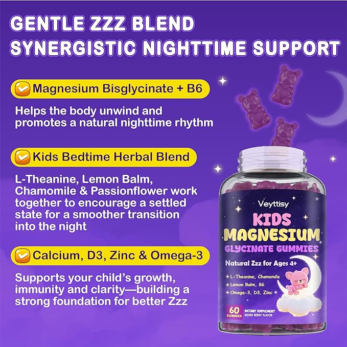 Magnesium Glycinate Gummies for Kids 4+: Sugar Free Magnesium Bisglycinate Gummy with Chamomile, L-Theanine, Lemon Balm, B6, Omega 3, Zinc - Gluten Free, Non-GMO, Vegan, Mixed Berry Flavor