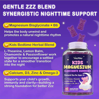 Magnesium Glycinate Gummies for Kids 4+: Sugar Free Magnesium Bisglycinate Gummy with Chamomile, L-Theanine, Lemon Balm, B6, Omega 3, Zinc - Gluten Free, Non-GMO, Vegan, Mixed Berry Flavor