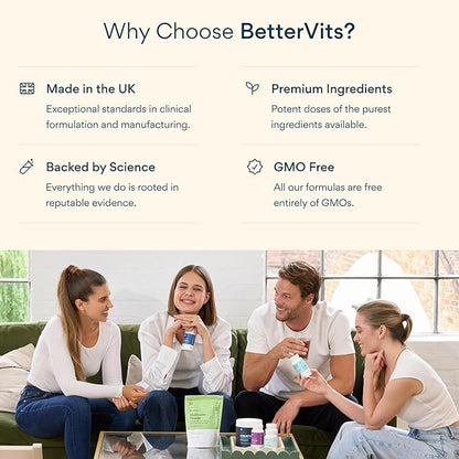 Bettervits Magnesium Glycinate Complex with Citrate Malate Zinc & Vitamin D3 | High Absorption Pure Magnesium 225mg Supplement Chelated Formula for Muscle Relaxation, Sleep Support – 60 Capsules
