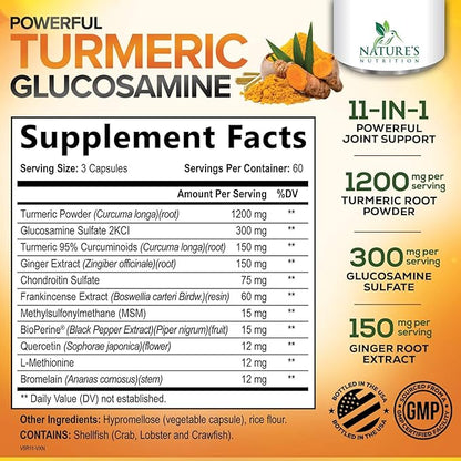Turmeric Curcumin Supplement - 95% Curcuminoids with Glucosamine, Ginger & MSM, BioPerine Black Pepper Extract for Best Absorption, Natural Vegan Joint Support, Non-GMO, Bottled in USA - 180 Capsules