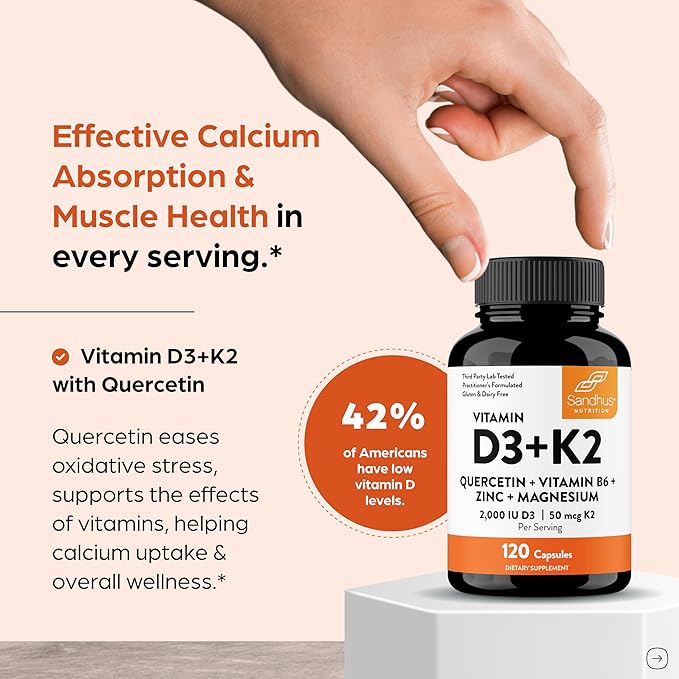 Sandhu's Vitamin D3 K2 Magnesium 2000 IU, 50mcg K2 Capsules 120 Count (Pack of 3) | with VIT B6, Zinc & Quercetin | D3K2 Supports Superior Absorption, Energy, Immune, Muscle Health for Men & Women