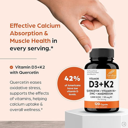 Sandhu's Vitamin D3 K2 Magnesium 2000 IU, 50mcg K2 Capsules 120 Count (Pack of 3) | with VIT B6, Zinc & Quercetin | D3K2 Supports Superior Absorption, Energy, Immune, Muscle Health for Men & Women