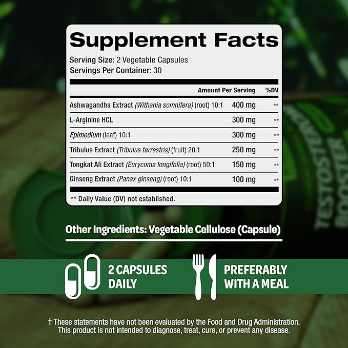 Testosterone Booster Supplement for Men - Male Enhancing Test Boost - Ashwagandha, L-Arginine, Tongkat Ali, Tribulus + More - Workout, Build Muscle, Strength, Energy & Performance - 2 Month Supply