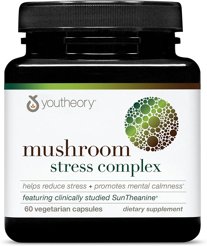 Youtheory Mushroom Stress Complex - 6 Mushroom Blend - Stress Management Support* - Immune Support - L-Theanine Supplement - Dairy, Soy & Gluten Free - 60 Vegetarian Capsules