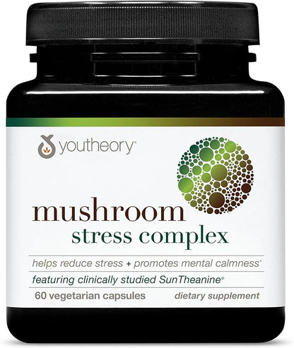 Youtheory Mushroom Stress Complex - 6 Mushroom Blend - Stress Management Support* - Immune Support - L-Theanine Supplement - Dairy, Soy & Gluten Free - 60 Vegetarian Capsules