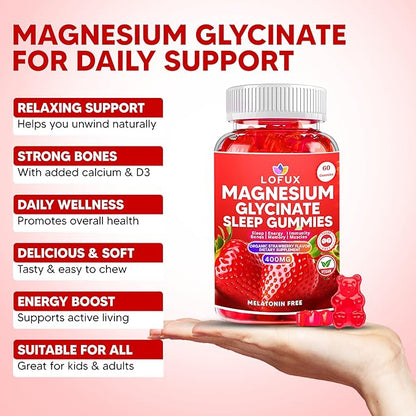 Lofux Magnesium Glycinate Gummies 400mg, Sugar Free Magnesium Gummies for Adults Women, Men, Chewable Supplement Gummy with L-Threonate, Vitamin D, B6, CoQ10 - for Calm, Sleep, Body Relaxation, 60 Ct