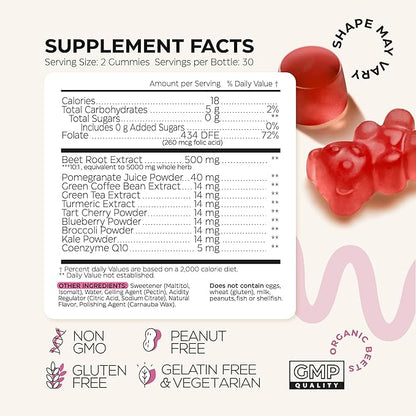 Beets for High Blood Pressure 120 Pcs (2 Pack) - Beet Root Chews with Pomegranate Juice Powder - Nitric Oxide Gummies for Energy, Cardio Health - Gummy Supplement for Men and Women - Sugar Free