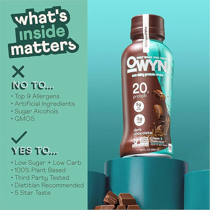 OWYN Only What You Need Protein Shake Variety Pack, Dark Chocolate, Cold Brew Coffee, Cookies and Creamless, 20g Protein, 4g Sugar, 3g Fiber, Dairy Free, Plant Based Protein Drink, 12 CT