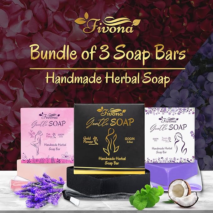 FIVONA Set of 3 Yoni Herbal Soap Bars for Gentle Feminine Intimate Wash and Whole Body All-Natural Handmade Includes Exfoliating Scrubber Foaming Net - Natural Detox and Vagi Cleansing - 3x 5.3oz