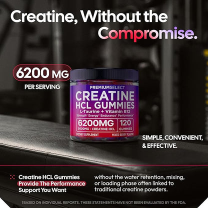 Creatine HCL Gummies for Women & Men - 120 Gummies 6200mg HCL Creatine Chews Advanced Complex with L-Taurine + Vitamin B12 for Muscle Strength, Energy Boost & Booty Gain Gummy - Mixed Berry Flavor