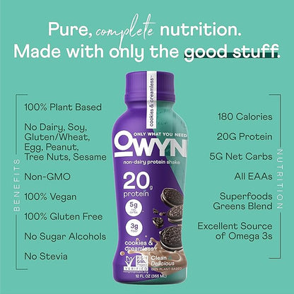 OWYN Only What You Need Protein Shake Variety Pack, Vanilla, Cold Brew Coffee, Cookies and Creamless Flavored Protein Shakes, 20g Protein, 4g Sugar, 3g Fiber, Dairy Free, Plant Based Protein, 12 CT