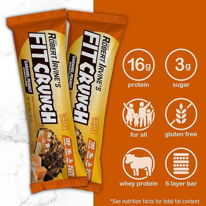 FITCRUNCH Snack Size Protein Bars, 6-Layer Baked Bar, 3g of Sugar & Soft Cake Core (18 Bars, Caramel Peanut)