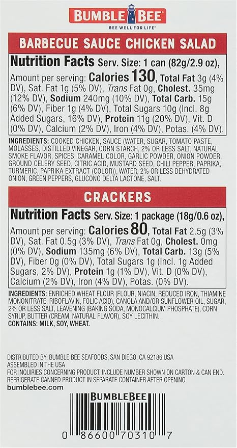 Bumble Bee Snack On The Run! Protein Snack Pack - BBQ Chicken Salad with Crackers - 12g Protein per Box - Ready to Eat Easy-Open Canned Chicken Salad (Pack of 12)