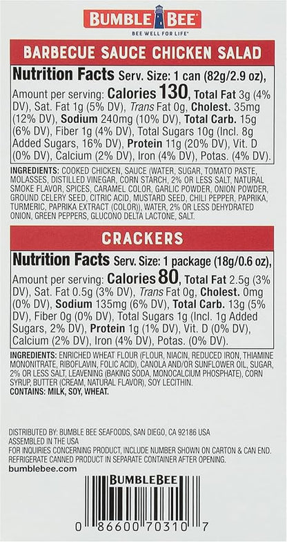 Bumble Bee Snack On The Run! Protein Snack Pack - BBQ Chicken Salad with Crackers - 12g Protein per Box - Ready to Eat Easy-Open Canned Chicken Salad (Pack of 12)