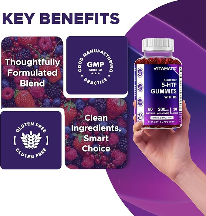 Vitamatic Sugar Free 5-HTP 200mg Gummies with B6 – 60 Pectin-Based Gummies – Mood Support & Stress Relief