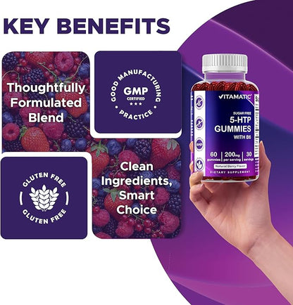 Vitamatic Sugar Free 5-HTP 200mg Gummies with B6 – 60 Pectin-Based Gummies – Mood Support & Stress Relief