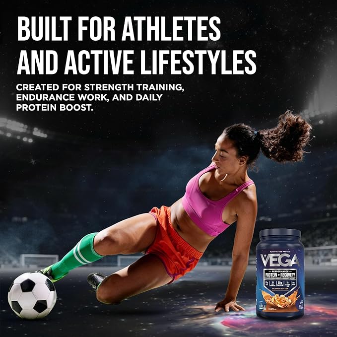 Vega Sport Vegan Protein Powder + Recovery - 30g Plant Based Protein per Serving, Peanut Butter, 19 Servings, 5g BCAAs, Probiotics, NSF Certified, for Shakes & Smoothies, 1.8lbs (Packaging May Vary)