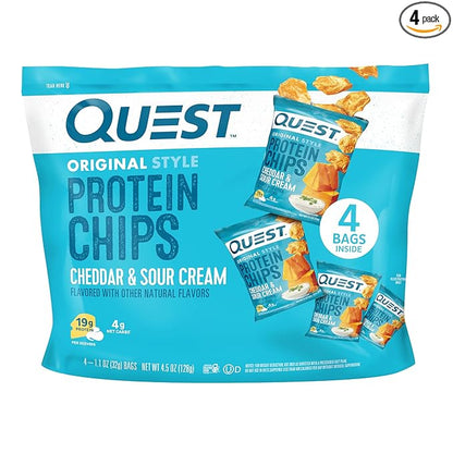 Quest Nutrition Cheddar & Sour Cream Protein Chips, 19g Protein, 4g Net Carbs, Low Carb, Gluten Free, 1.1 oz, 4 count