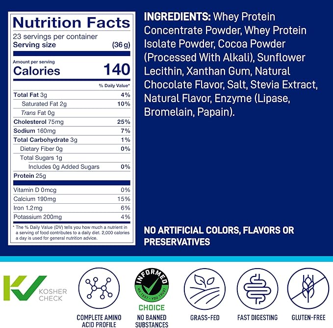 LeanFit® Grass-fed Whey Protein Powder, Natural Chocolate, Gluten-Free, Keto-Friendly & Low-Carb 24g Protein, 23 Servings, 858g (1.89 Pound) Tub