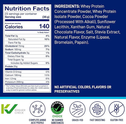 LeanFit® Grass-fed Whey Protein Powder, Natural Chocolate, Gluten-Free, Keto-Friendly & Low-Carb 24g Protein, 23 Servings, 858g (1.89 Pound) Tub