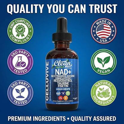 Liposomal NAD Resveratrol Supplement Liquid Drops for Women Taurine Fisetin Grape Seed Quercetin Berberine Astaxanthin Pterostilbene Spermidine Fo Ti Gotu Kola Anti Aging CelluVive by Clean Nutra 4oz