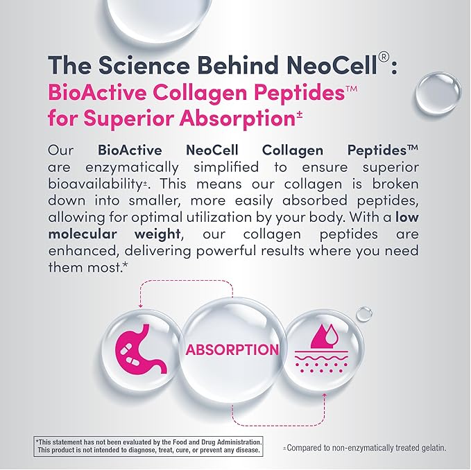 NeoCell Collagen Peptides Powder Packets | 20 Stick Packs | Grass Fed Bovine | Unflavored Supplement | Hair, Skin, & Nails | for Women and Men