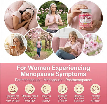 Menopause Gummies Supplement for Women w/ Red Clover, Black Cohosh for Hot Flashes, Menopause Support Vitamins + Ashwagandha Probiotics, Over 50 Hormone Support Balance Gummies Sugar Free, Vegan 60ct