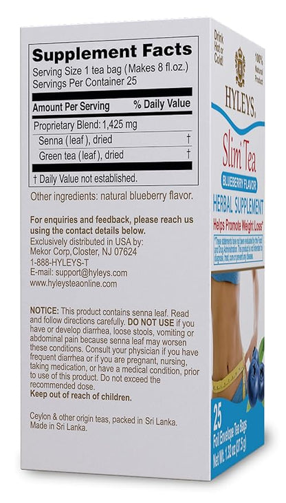 HYLEYS Slim Tea Blueberry Flavor - Weight Loss Herbal Supplement Cleanse and Detox - 25 Tea Bags (6 Pack)