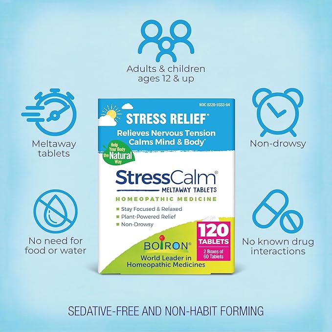 Boiron StressCalm Tablets for Relief of Stress, Anxiousness, Nervousness, Irritability, and Fatigue - 120 Count (2 Pack of 60)