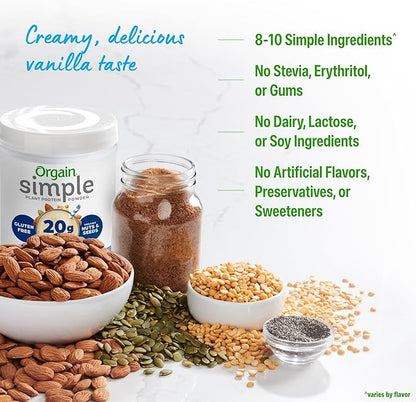 Orgain Organic Simple Vegan Protein Powder, Vanilla - 20g Plant Based Protein, Made with less Ingredients, No Artificial Sweeteners, Gluten Free, No Dairy or Lactose, 1.25 lb (Packaging May Vary)