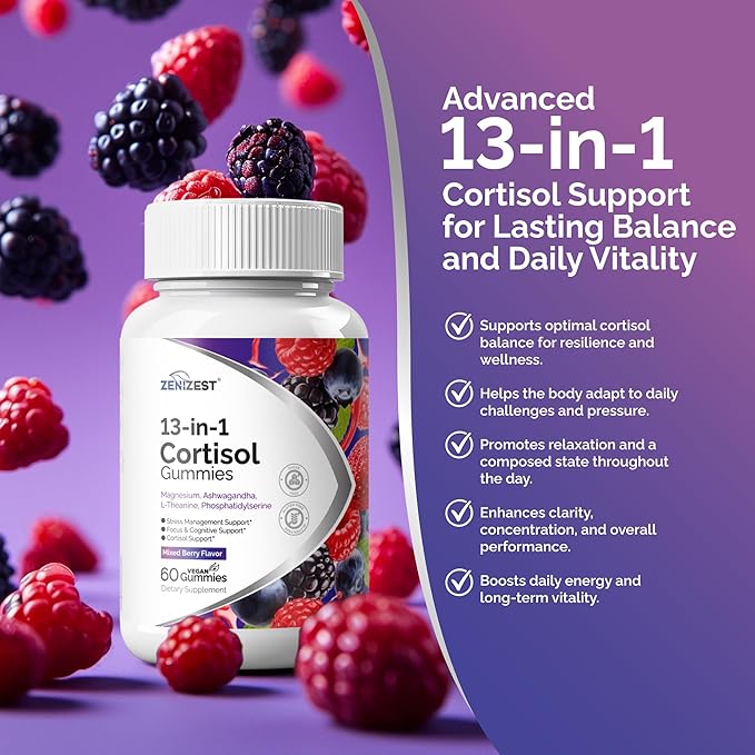 Cortisol Reducer Gummies for Women Men - 13-in-1 Daily Cortisol Detox Manager for Stress Focus Mood & Health Balance Support - Reduce High Cortisol with Ashwagandha Magnesium L-Theanine
