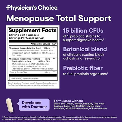 Physician's CHOICE Menopause Probiotic Supplement for Women - Supports Hormone Balance, Hot Flashes, Night Sweats, Weight Management, Bloating & Gut Health - with Black Cohosh, Resveratrol+ - 30ct