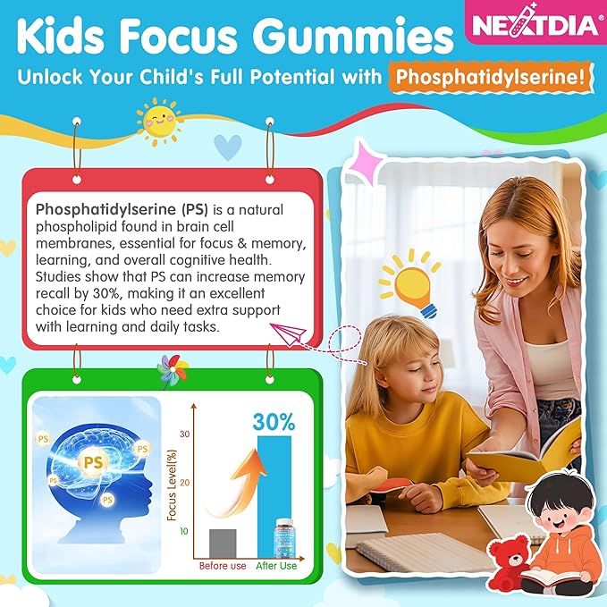 Phosphatidylserine Supplement 100mg, Focus Gummies for Kids Teens + Vitamin C & D3 400IU, Sugar Free Kids Brain Gummies Increase Attention & Concentration, Chewable, Vegan, Gluten Free, Non-GMO 2 Pack