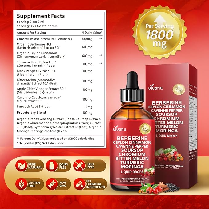 14-in-1 Berberine with Ceylon Cinnamon Supplement Liquid Drops, 1800mg + 30:1 Liposomal Tech with Cayenne Pepper Soursop Chromium Bitter Melon Turmeric Moringa Gymnema Glucomannan, GLP Support 2Bottle