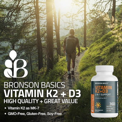 Bronson Vitamin K2 D3 (MK7) Supplement Non-GMO Formula Vitamin D3 5000IU (125 mcg) & 90 mcg K2 MK-7, Easy to Swallow D & K Complex, 120 Tablets