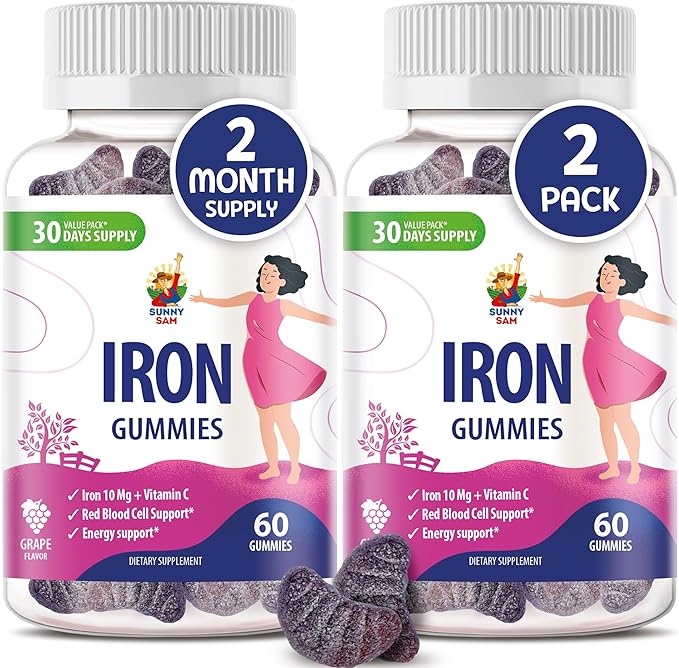 SUNNY SAM Iron Gummies for Kids & Adults - Iron Vitamins with Vitamin C, 10mg per Serving - Chewable Fruit Gummy for Immune Support Red Blood Cell Production